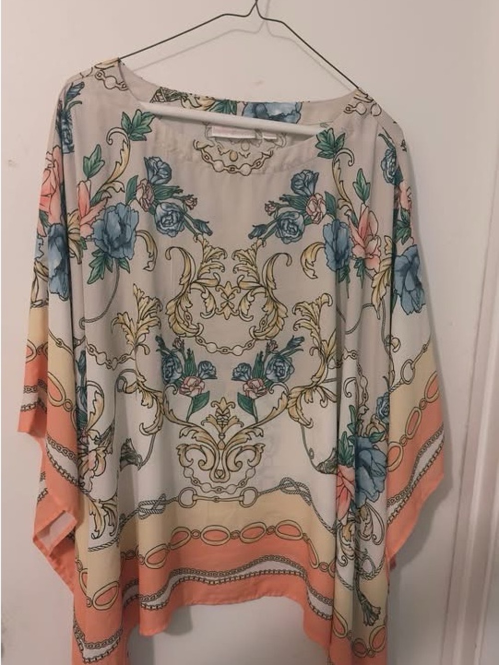 Belle by Kim Gravel Cream Tunic with Blue and Peach Floral Baroque Print